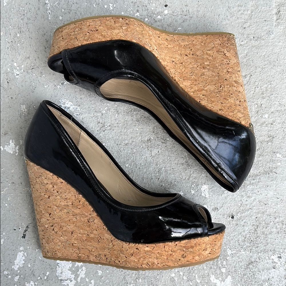Jimmy Choo patent leather peep toe cork wedge
